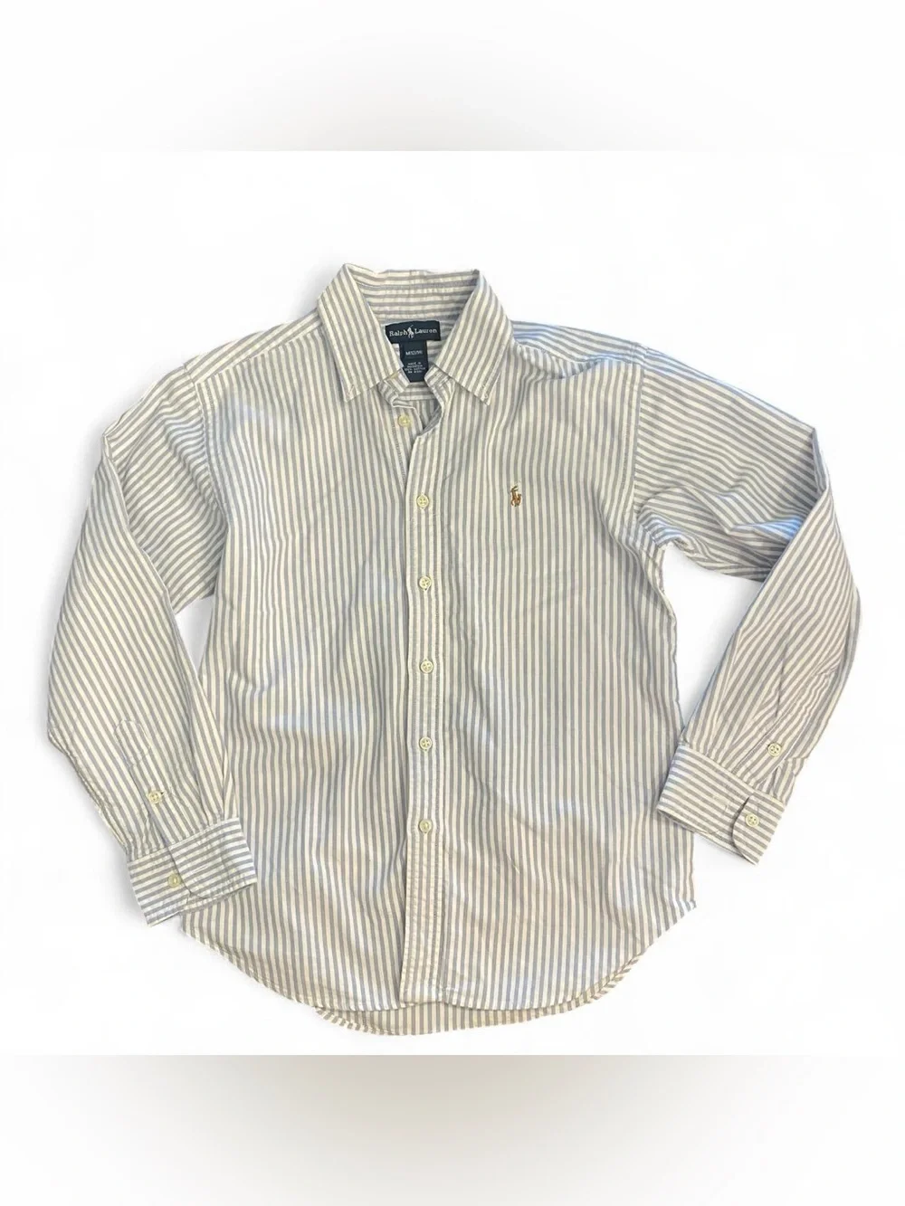 Ralph Lauren kids white and blue striped cotton button-up shirt in size 12/14